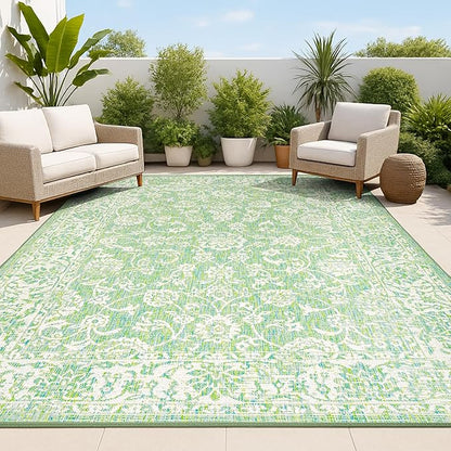 JONATHAN Y Weave Floral Indoor Outdoor Area Rug 5X8 Cream/Green, Tela Bohemian Textured for Backyard, Patio, Porch, Easy-Cleaning, High Traffic, Pet-Friendly, Non-Shedding (SMB100F-5)