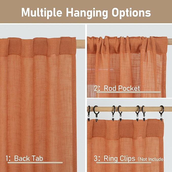 LAMIT 54 Inch Semi Sheer Window Linen Curtains, Light Filtering Panels Back Tab and Rod Pocket Country Decor Drapes for Bedroom/Farmhouse, Burnt Orange, 2 Panels, 34 x 54 Inch