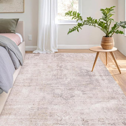 Modern Washable Bedroom Area Rug 5x8, Abstract Rugs for Living Room, Dining Room, Kids Room Girls, Pink and Grey Distressed Medallion Pattern, Non Slip Low Pile Stain Resistent