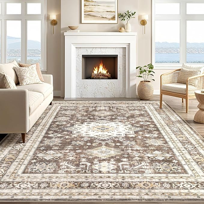 Vintage Living Room Area Rug 9x12 - Large Soft Washable Oriental Traditional Distressed Farmhouse Rugs for Bedroom - Indoor Floor Accent Carpet for Home Office House Decor - Dark Brown