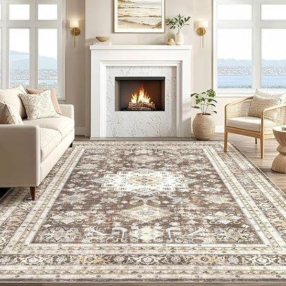 Vintage Living Room Area Rug 9x12 - Large Soft Washable Oriental Traditional Distressed Farmhouse Rugs for Bedroom - Indoor Floor Accent Carpet for Home Office House Decor - Dark Brown
