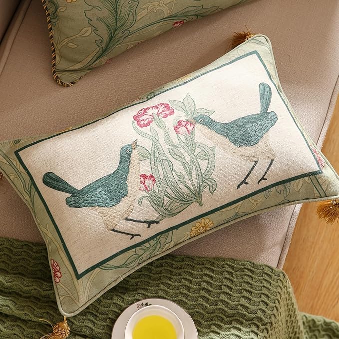 patdrea Designer Rectangle Throw Pillow Covers,Farmhouse Linen with Green Floral Pattern Pillows Cover,Decorative Lumbar Pillowcases Cushion for Bed Living Room Outdoor Car,12"x20"