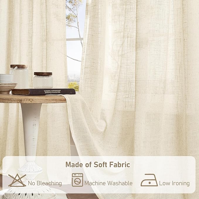 LAMIT Beige Linen Curtains 72 Inches Long 2 Panels for Living Room Faux Linen Textured Light Filtering Drapes Back Tab and Rod Pocket Boho Neutral Panels for Bedroom/Dining Room, 52 x 72 Inch