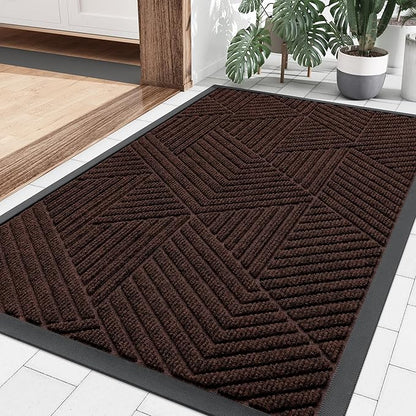 Smiry Front Door Mat Outside Entrance, Heavy Duty Sturdy Natural Rubber Doormat, Trap Dirt and Moisture, Easy Clean Low Profile Mats for Indoor Outdoor Entry, Irregular Triangle (29.5x17, Deep Brown)