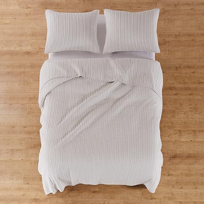 Levtex Home Tobago Stripe Taupe Reversible King/Cal King Quilt Set (106x92in) and 2 Pillow Shams (36x20in) - Striped - Taupe, White - Cotton King Size Quilt Bedding Set - Lightweight Soft Pre-Washed
