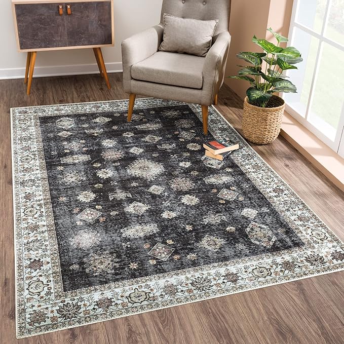 Bloom Rugs Washable Non-Slip 6' x 9' Rug - Black/Ivory Traditional Area Rug for Living Room, Bedroom, Dining Room, and Kitchen - Exact Size: 6' x 9'