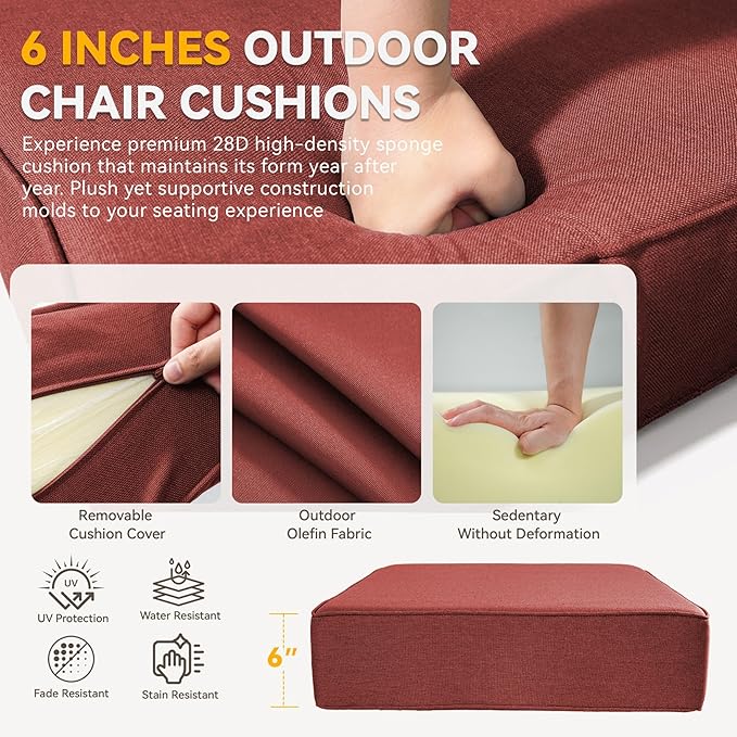 Outdoor Cushion Set for Furniture Patio Furniture, UV Resistant, Water Resistant - 6 Inch Thick Foam Garden Cushions– 24x24 Inch Patio Seat Covers for Chair/Sofa/Couch | Red | 11-Pack |