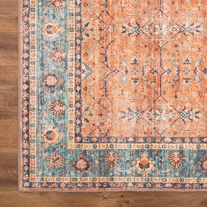 Bloom Rugs Washable Non-Slip 9' x 12' Rug - Orange/Teal Blue Traditional Bordered Area Rug for Living Room, Bedroom, Dining Room, and Kitchen - Exact Size: 9' x 12'