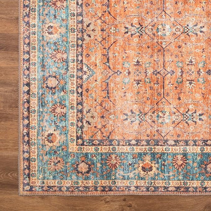 Bloom Rugs Washable Non-Slip 9' x 12' Rug - Orange/Teal Blue Traditional Bordered Area Rug for Living Room, Bedroom, Dining Room, and Kitchen - Exact Size: 9' x 12'