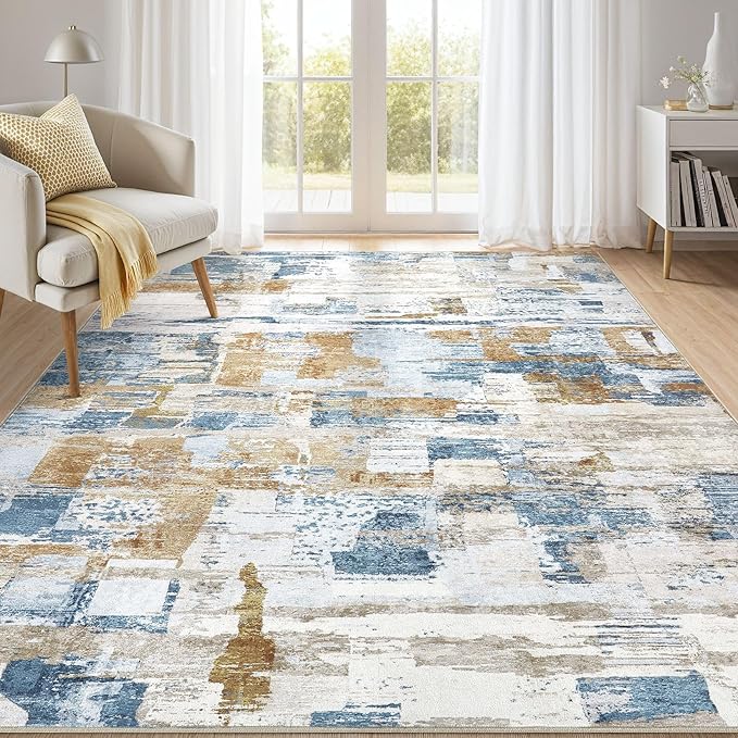 Abstract Living Room Rug 6x9 - Modern Washable Soft Thin Area Rug for Living Room Bedroom Under Dining Table - Neutral Indoor Floor Rug Carpets for Home Office Playroom Nursery - Blue Gold