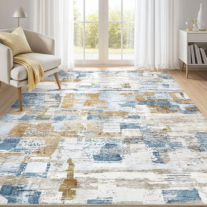 Abstract Living Room Rug 6x9 - Modern Washable Soft Thin Area Rug for Living Room Bedroom Under Dining Table - Neutral Indoor Floor Rug Carpets for Home Office Playroom Nursery - Blue Gold