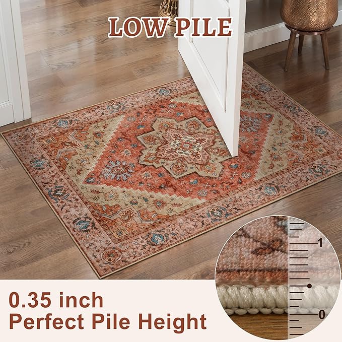 Tangsoo 2x6 Washable Runner Rug for Hallways, Non Slip Vintage Runner Rug, Soft Low Pile Long Runner, Print Distressed Carpet Runners for Kitchen Bedroom Entryway Bathroom Living Room