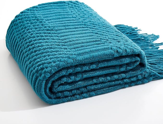 Teal Knitted Decorative Throw Blankets for Couch, Bedroom and Officeroom,Textured Fade Resistant Soft and Warm Knit Blanket with Tassel,50"x60"