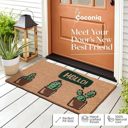 Coir Door Mats 17" X 30", Non-Slip Sturdy, PVC Backed Heavy Duty, Easy to Clean, Ideal for Door Entrance, Patio, Porch, Backyard, Garages, Hello Cactus