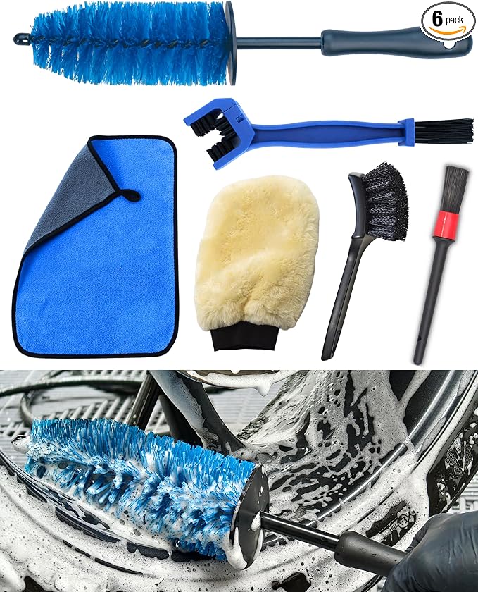 Motorcycle Cleaning Brush Kit 6 Pack, Easy Reach Brush, Chain Brush, Wool Wash by OeSee