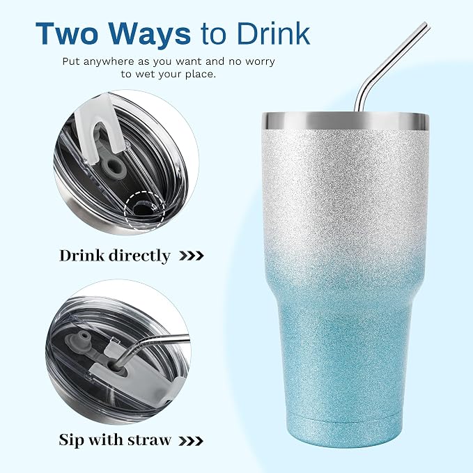 D·S 30 oz Tumbler Blue Glitter Gradient Cup Stainless Steel Double Wall Vacuum - Image 3