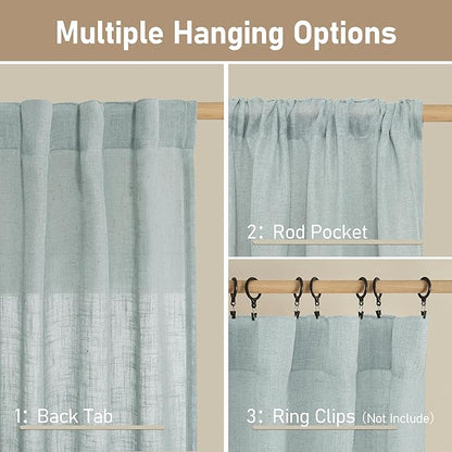 LAMIT Semi Sheer Linen Curtains 48 Inch Length, Light Filtering Panels Back Tab and Rod Pocket Neutral Drapes for Kitchen/Window/Loft Room, Greyish Blue, 2 Panels, 34 x 48 Inch