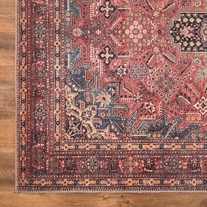 Bloom Rugs Washable Non-Slip 8' x 10' Rug - Red/Teal Blue/Yellow Traditional Medallion Area Rug for Living Room, Bedroom, Dining Room, and Kitchen - Exact Size: 8' x 10'