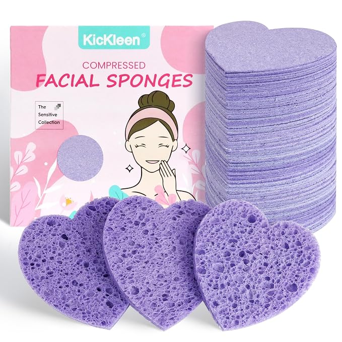 60-Count Kickleen Compressed Cellulose Heart Shape Facial Sponges | Natural by KICKLEEN