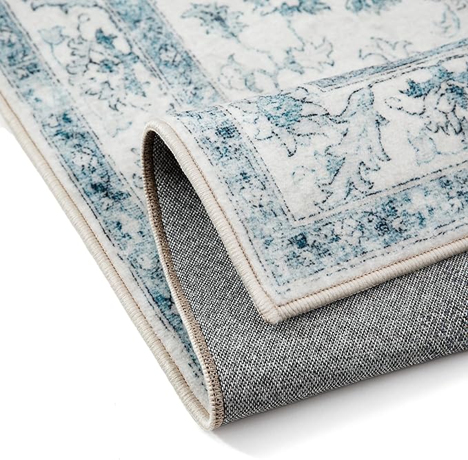 Blue Area Rug 3x5 Washable Vintage Carpet for Entryway Office Soft Retro Kitchen Low Pile Thin Door Mat Non Slip Oriental Medallion Throw Rug for Bathroom Bedroom Dining Living Room