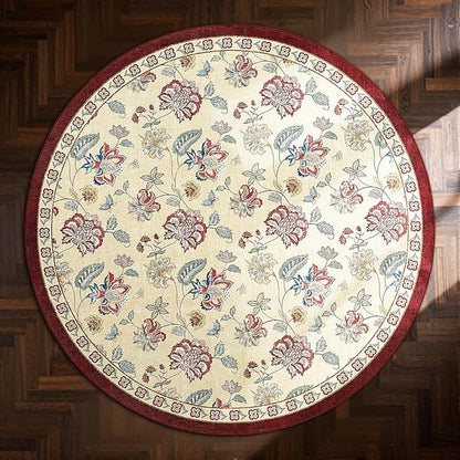 jinchan Elora 7ft Floral Round Rug for Washable Living Room Rug Vintage Romance Christmas Design Non Slip Indoor Floor Cover Lightweight Low-Profile Throw Carpet for Bedroom Porch, Red/Beige
