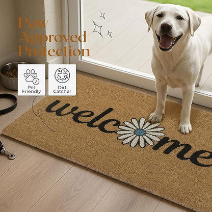 Coir Door Mats 17" X 30", Non-Slip Sturdy, PVC Backed Heavy Duty, Easy to Clean, Ideal for Door Entrance, Patio, Porch, Backyard, Garages, Welcome with Blue Daisy