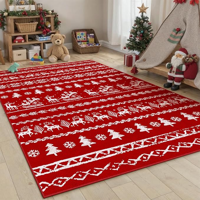 Christmas Area Rug 5x7 Red Kitchen Washable Carpet Xmas Snowflake Holiday Decor - Image 4