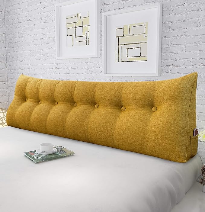 Wedge Headboard Pillow Dorm Room Reading Pillow Back Support for Sitting Up in Bed Bolster Lumbar Cushion Body Positioning Bedrest Gifts for Mom Cotton Linen 76in Yellow King