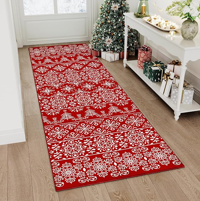 2x8 Runner Rug Red Snowflake Washable Hallway Carpet Xmas Holiday Decor Bedroom - Image 5