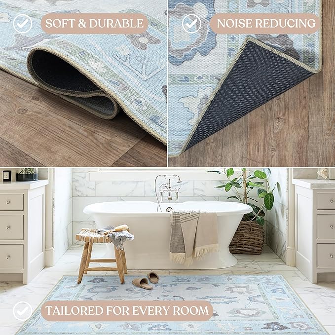 Fame Living Cream Blue Oushak Rug, Modern, Vintage, Turkish, Eclectic, Floral, Pastel, Washable, Extra Large Area Rugs for Living Room, Dining, Bedroom, Lounge, 9'x12'