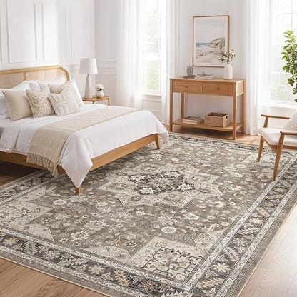 Vintage Living Room Area Rug 8x10 - Large Soft Washable Oriental Traditional Distressed Farmhouse Rugs for Bedroom - Indoor Floor Accent Carpet for Home Office House Decor - Brown
