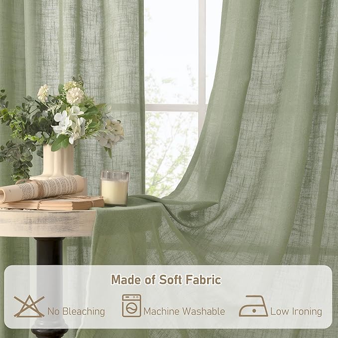 LAMIT Sage Green Linen Boho Curtains, 84 inch Length, 2 Panels, Light Filtering, Semi Sheer, Back Tab and Rod Pocket, Neutral Panels for Bedroom/Living Room, 34 x 84 Inch