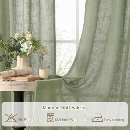 LAMIT Sage Green Linen Boho Curtains, 84 inch Length, 2 Panels, Light Filtering, Semi Sheer, Back Tab and Rod Pocket, Neutral Panels for Bedroom/Living Room, 34 x 84 Inch