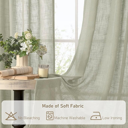 LAMIT Sheer Linen Curtains for Living Room, Back Tab and Rod Pocket Curtains Light Filtering Country Rustic Farmhouse Drapes for Bedroom/Farmhouse, 2 Panels, 52 x 102 Inch, Sage Grey