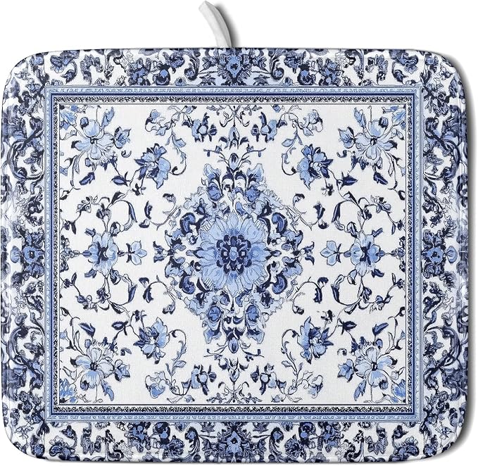 Boho Floral Dish Drying Mat 16x18 Inch Blue Leaves Kitchen Drying Pad by Giwawa