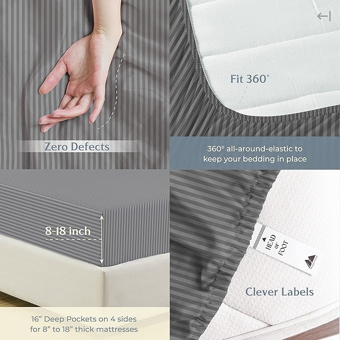 Mayfair Linen 100% Cotton Striped Sheets Queen Size Bed Set - 500 Thread Count Damask Sheets Queen Size 4 PC Set (Dark Grey Stripe), Soft, Cooling, Sateen Weave Hotel-Quality 16" Deep Pocket Bedsheet