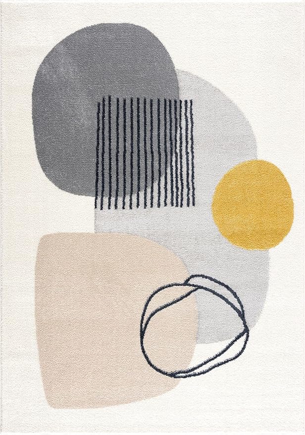 Abani Rugs Cream and Gray 6 ft. X 9 ft. Mid-Century Rug with Circles and Lines. Neutral Tones of Cream, Gray and a pop of Yellow. Minimalistic Design Turkish Stain Resistant Area Rug.