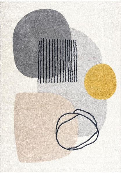 Abani Rugs Cream and Gray 6 ft. X 9 ft. Mid-Century Rug with Circles and Lines. Neutral Tones of Cream, Gray and a pop of Yellow. Minimalistic Design Turkish Stain Resistant Area Rug.