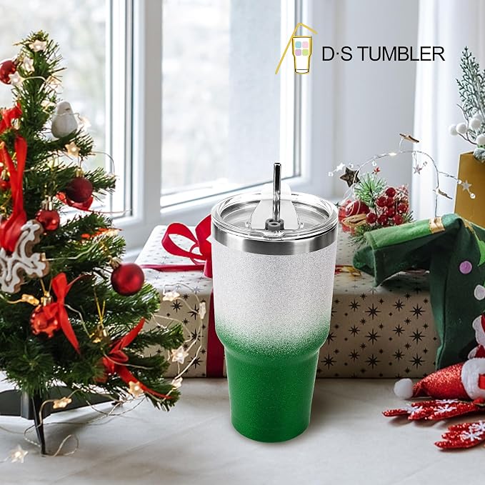D·S 30 oz Tumbler Christmas Green Glitter Gradient Cup Stainless Steel Double - Image 6