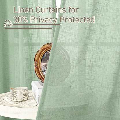 LAMIT Semi Sheer Window Linen Curtains 63 Inch Length, Light Filtering Panels Back Tab and Rod Pocket Country Decor Drapes for Bedroom/Living Room, Fresh Green, 2 Panels, 34 x 63 Inch