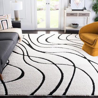 SAFAVIEH Florida Shag Collection Area Rug - 12' Square, Ivory & Black, Non-Shedding & Easy Cleaning, Plush Thick Pile, Ideal for Living Room, Bedroom, Dining Space (SG471-1290)