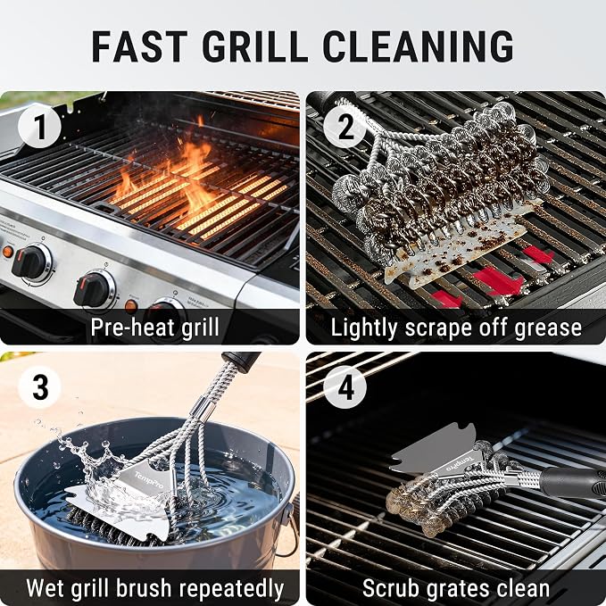 TempPro BBQ Grill Brush with Wide Scraper, Bristle-Free Stainless Steel - Image 6