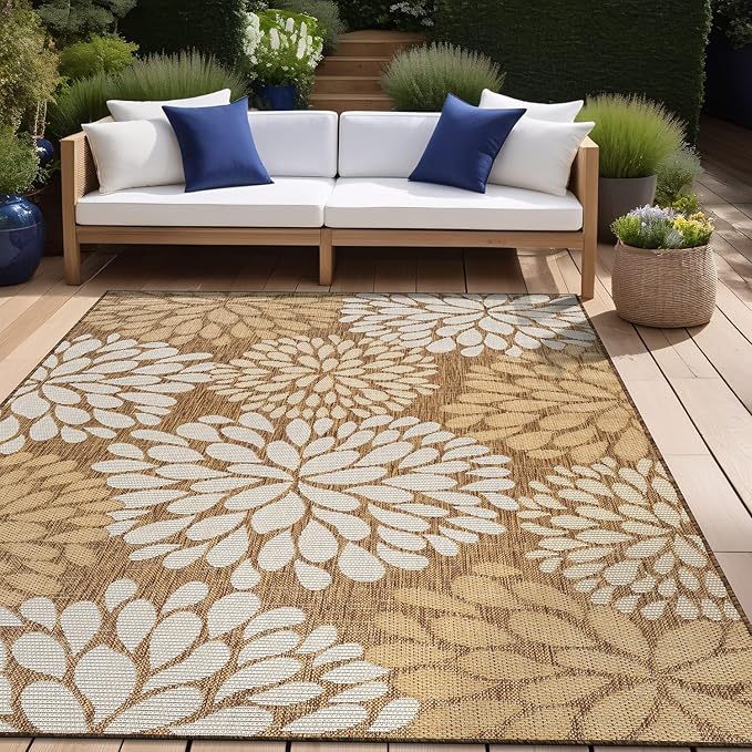 Beverly Rug Outdoor Rug 9x12 Modern Exotic Tropical Leaf Area Rugs for Indoor and Outdoor Patio Deck Porch Garden Water Resistant Washable Outside Carpet (9 x 12 Wooden)