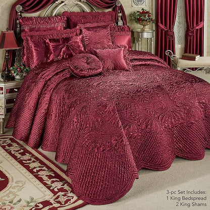 Touch of Class Portia Luxury Bedding | Rich Ruby Red | Premier Quilted Polyester Satin | Romantic Hand Guided Machine Quilted Scroll Design 3 Piece Set with King Bedspread and 2 King Shams