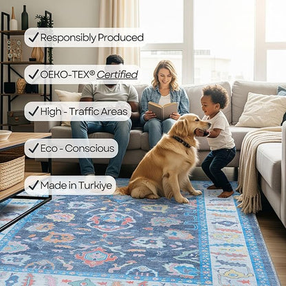 Fame Rugs Blue Modern Oushak Rug 6x9, Vintage Turkish Colorful Oriental Antique Inspired Washable Large Area Rugs, Luxury Living Room Bedroom (387BNB, 6' x 9')