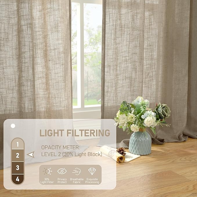 LAMIT Short Linen Curtains 30 Inch Length for Cafe, Semi Sheer Light Filtering Panels Back Tab and Rod Pocket Country Decor Drapes for Basement/Small Window, Taupe, 2 Panels, 34 x 30 Inch