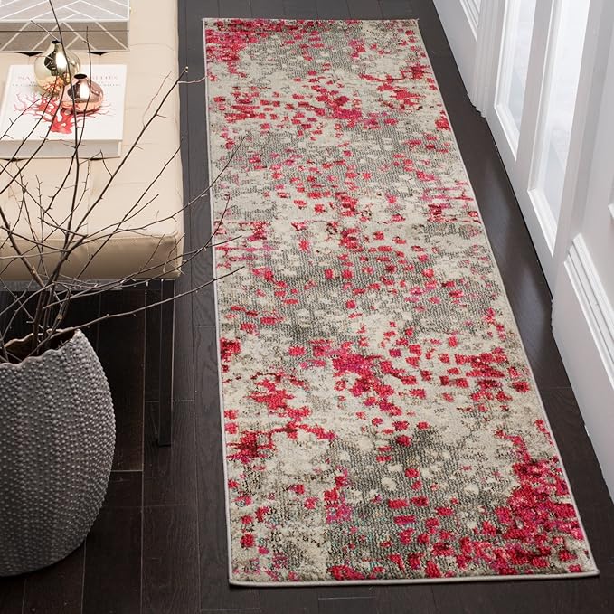 SAFAVIEH Monaco Collection Area Rug - 6'7" Square, Grey & Light Blue, Boho Chic Abstract Watercolor Design, Non-Shedding & Easy Care, Ideal for High Traffic Areas in Living Room, Bedroom (MNC225E)
