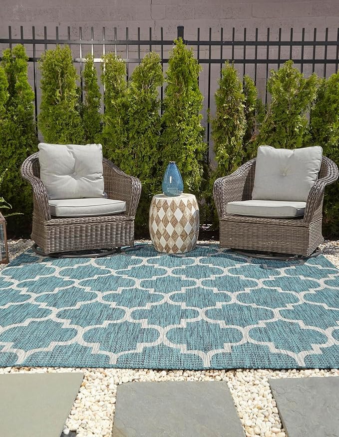 Unique Loom Outdoor Trellis Collection Area Rug - Trellis (Square 13' 0" x 13' 0", Teal/ Gray)