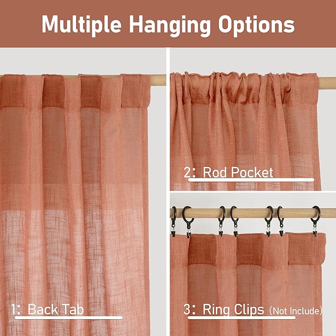 LAMIT Terracotta Linen Curtains for Bedroom, 84 Inch Length Light Filtering Semi Sheer Panels Back Tab and Rod Pocket Fall Decor Drapes for Living Room, 2 Panels, 34 x 84 Inch