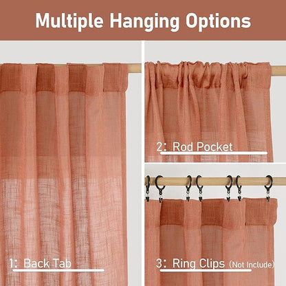 LAMIT Terracotta Linen Curtains for Bedroom, 84 Inch Length Light Filtering Semi Sheer Panels Back Tab and Rod Pocket Fall Decor Drapes for Living Room, 2 Panels, 34 x 84 Inch